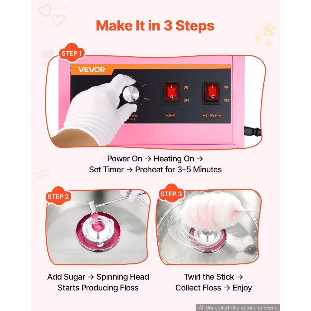 VEVOR Cotton Candy Machine Commercial 1000W Electric Candy Floss Maker Pink, Ideal for Home, Carnival, Birthday, Family Party, Easy Use with 20.5 in Stainless Steel Bowl, Storage Drawer, Sugar Scoop