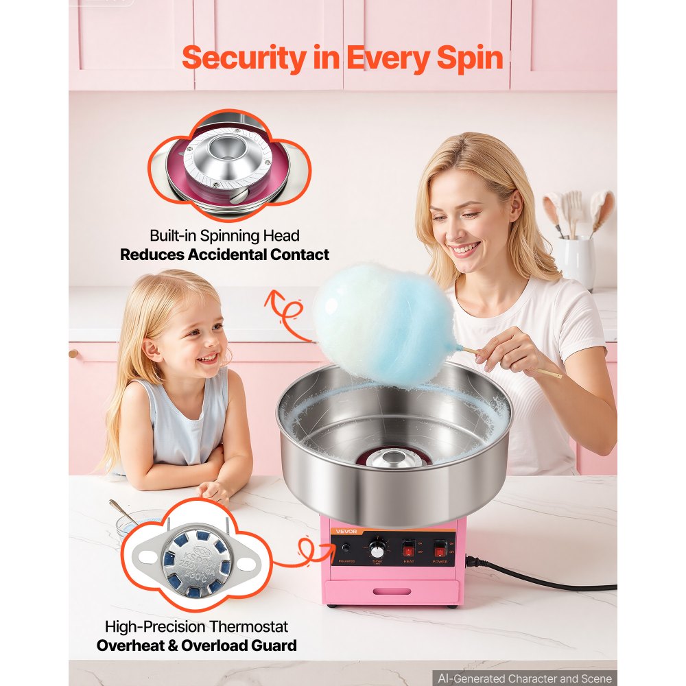VEVOR Cotton Candy Machine Commercial 1000W Electric Candy Floss Maker Pink, Ideal for Home, Carnival, Birthday, Family Party, Easy Use with 20.5 in Stainless Steel Bowl, Storage Drawer, Sugar Scoop