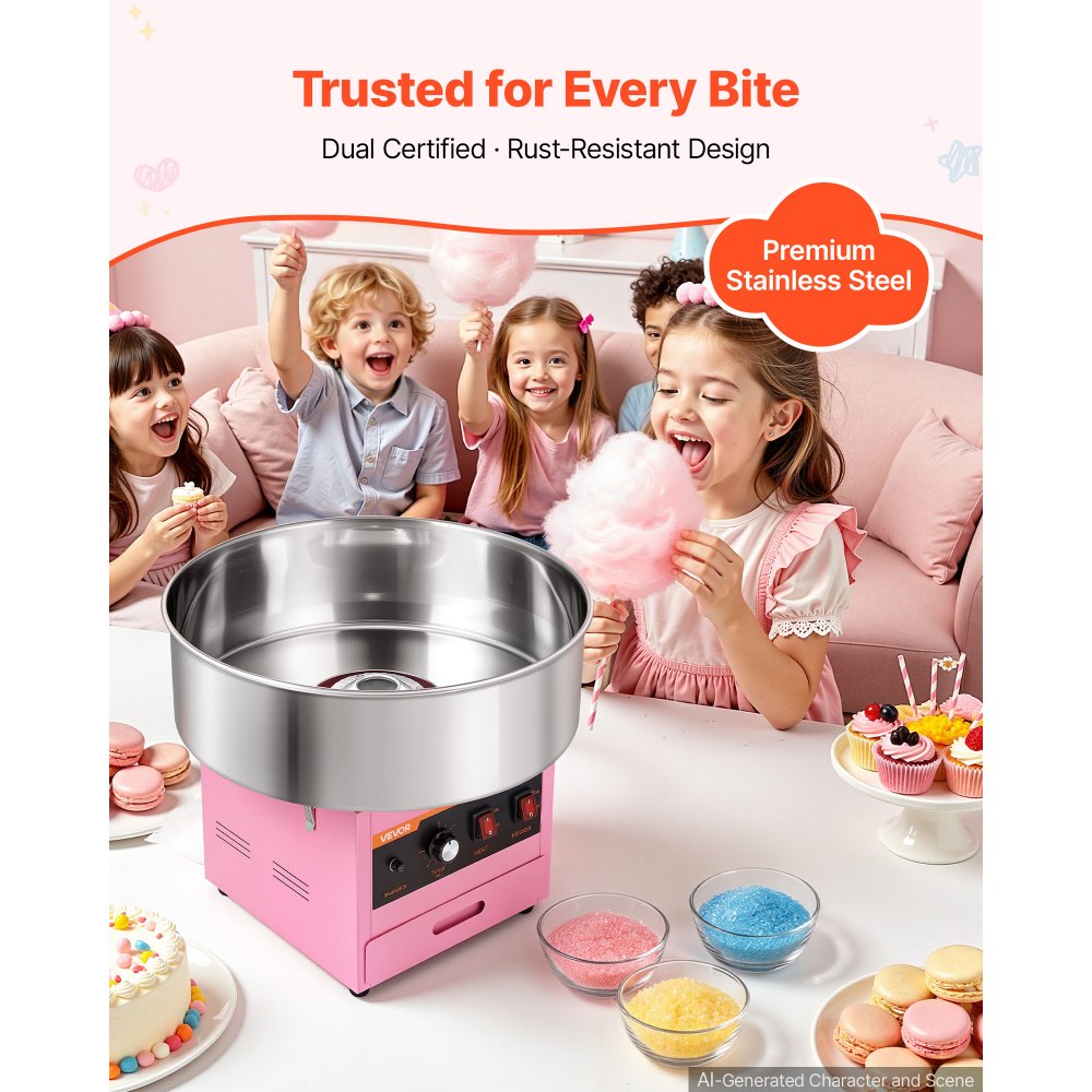 VEVOR Cotton Candy Machine Commercial 1000W Electric Candy Floss Maker Pink, Ideal for Home, Carnival, Birthday, Family Party, Easy Use with 20.5 in Stainless Steel Bowl, Storage Drawer, Sugar Scoop