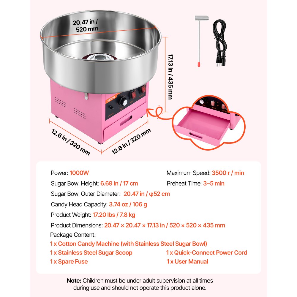 VEVOR Cotton Candy Machine Commercial 1000W Electric Candy Floss Maker Pink, Ideal for Home, Carnival, Birthday, Family Party, Easy Use with 20.5 in Stainless Steel Bowl, Storage Drawer, Sugar Scoop