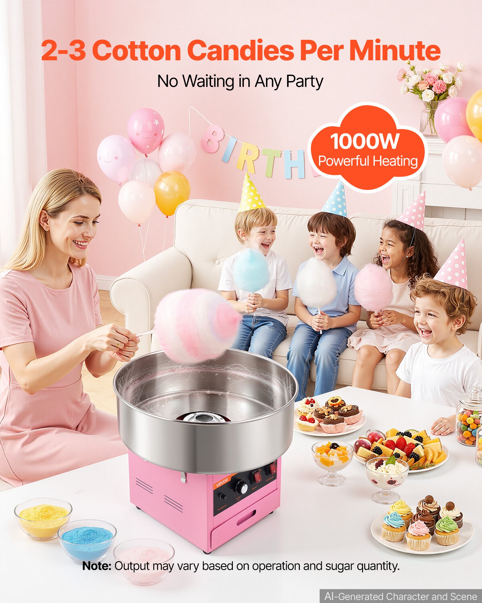 VEVOR Cotton Candy Machine Commercial 1000W Electric Candy Floss Maker Pink, Ideal for Home, Carnival, Birthday, Family Party, Easy Use with 20.5 in Stainless Steel Bowl, Storage Drawer, Sugar Scoop