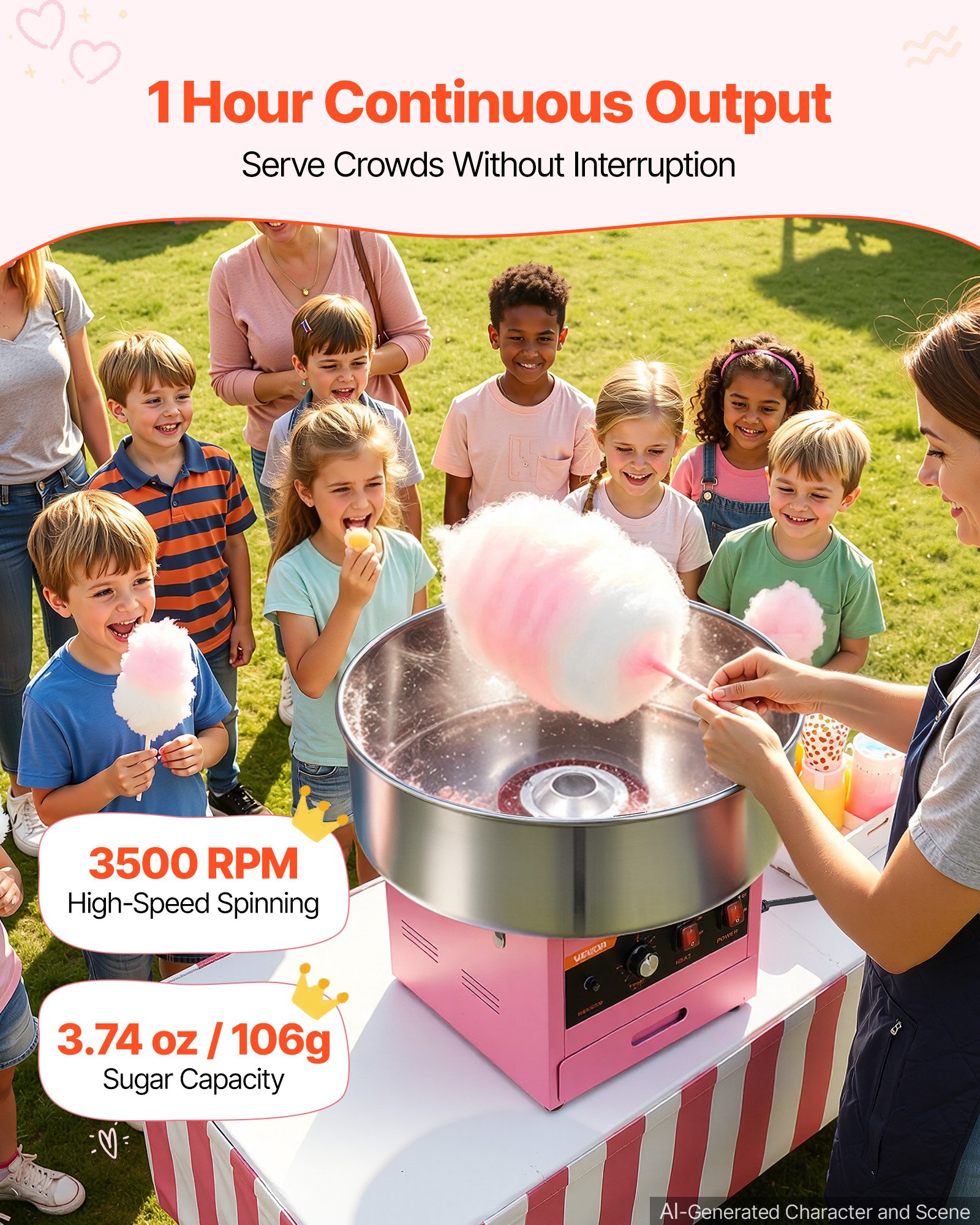 VEVOR Cotton Candy Machine Commercial 1000W Electric Candy Floss Maker Pink, Ideal for Home, Carnival, Birthday, Family Party, Easy Use with 20.5 in Stainless Steel Bowl, Storage Drawer, Sugar Scoop