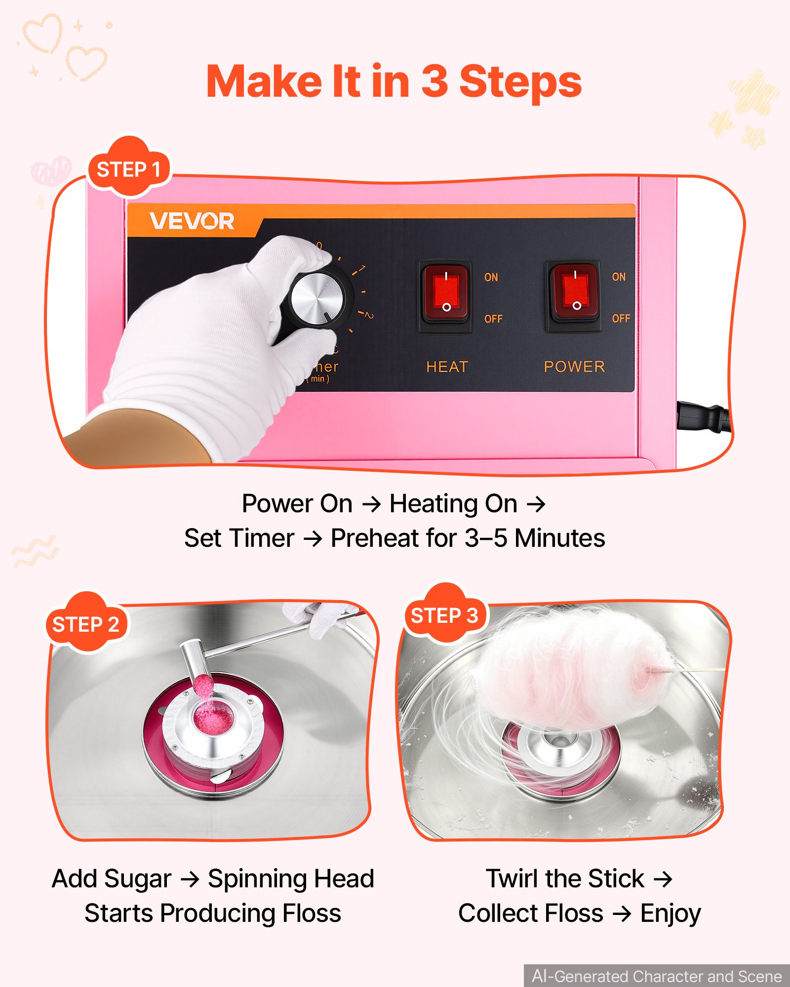 VEVOR Cotton Candy Machine Commercial 1000W Electric Candy Floss Maker Pink, Ideal for Home, Carnival, Birthday, Family Party, Easy Use with 20.5 in Stainless Steel Bowl, Storage Drawer, Sugar Scoop