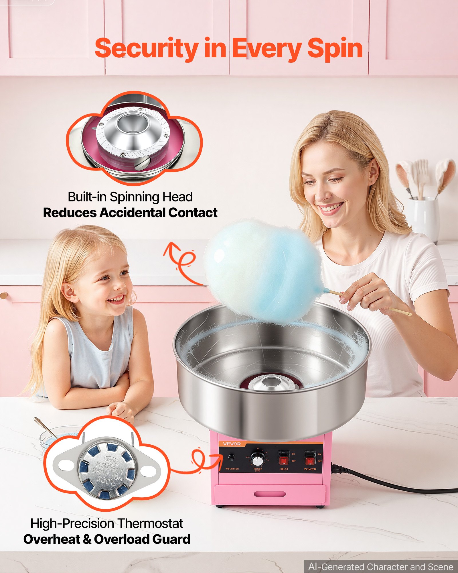 VEVOR Cotton Candy Machine Commercial 1000W Electric Candy Floss Maker Pink, Ideal for Home, Carnival, Birthday, Family Party, Easy Use with 20.5 in Stainless Steel Bowl, Storage Drawer, Sugar Scoop