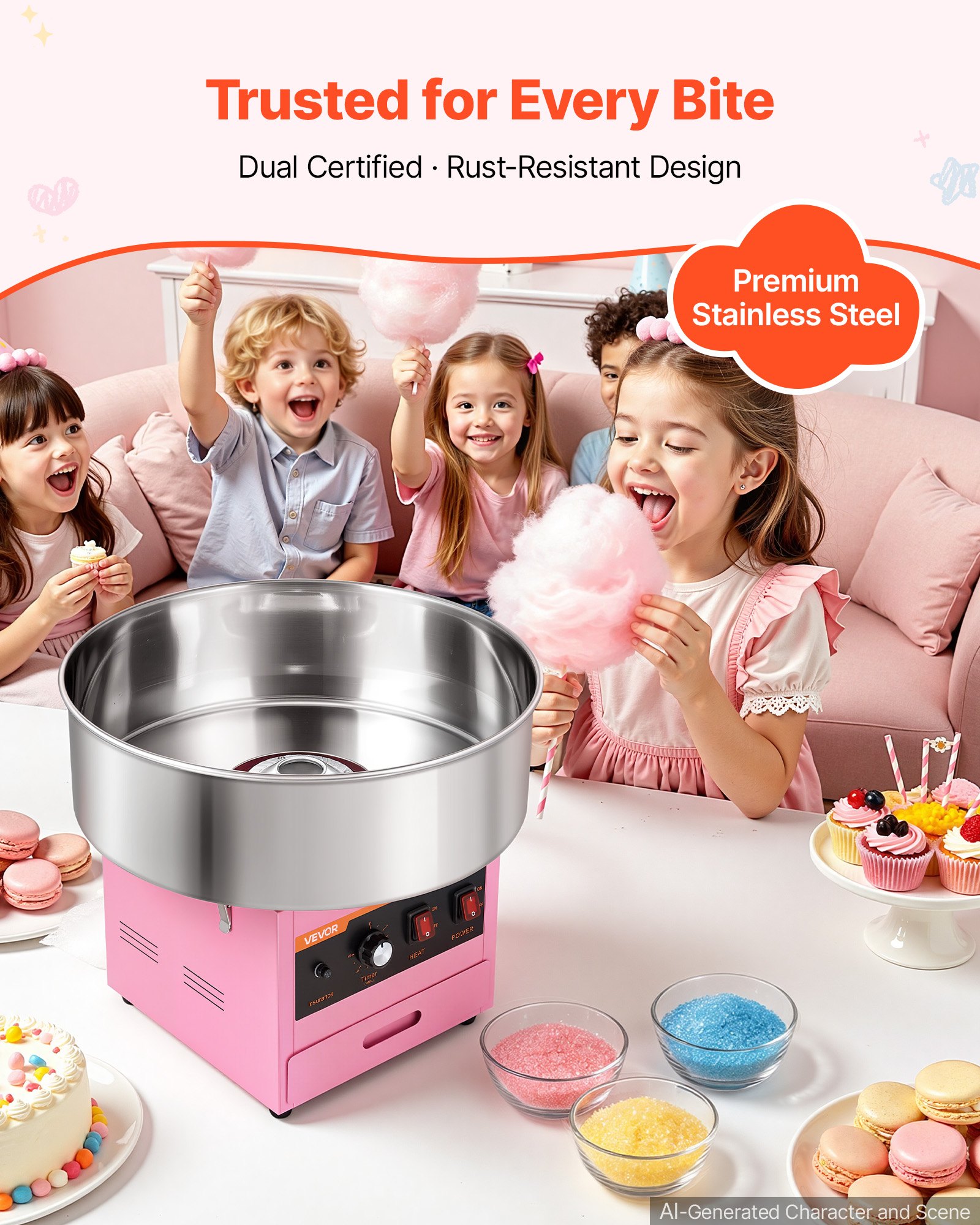VEVOR Cotton Candy Machine Commercial 1000W Electric Candy Floss Maker Pink, Ideal for Home, Carnival, Birthday, Family Party, Easy Use with 20.5 in Stainless Steel Bowl, Storage Drawer, Sugar Scoop