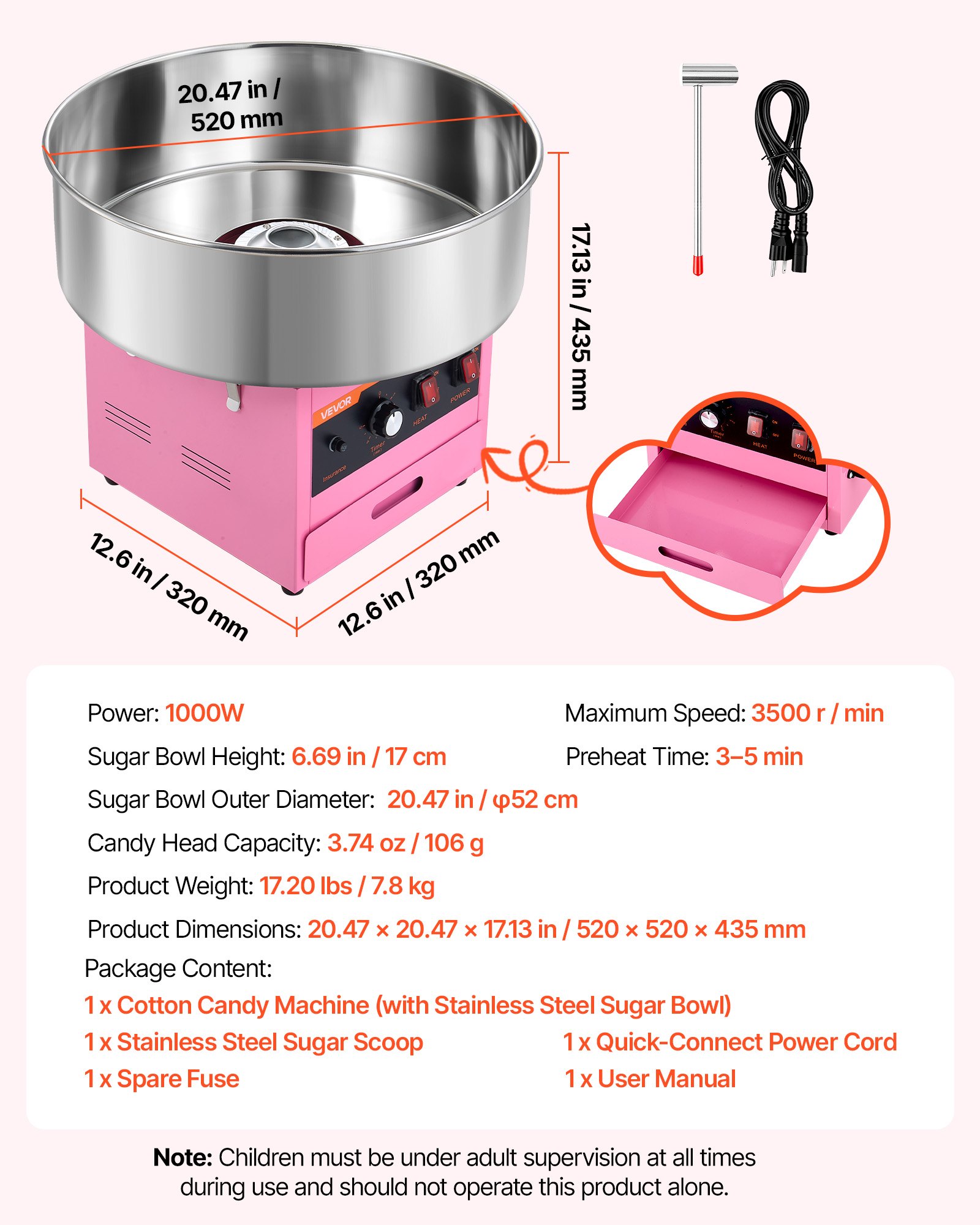 VEVOR Cotton Candy Machine Commercial 1000W Electric Candy Floss Maker Pink, Ideal for Home, Carnival, Birthday, Family Party, Easy Use with 20.5 in Stainless Steel Bowl, Storage Drawer, Sugar Scoop