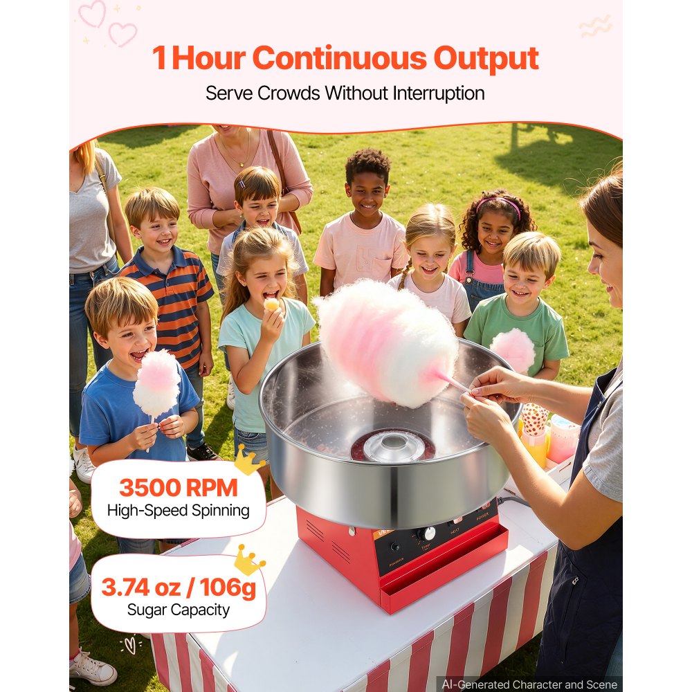 VEVOR Cotton Candy Machine Commercial 1000W Electric Candy Floss Maker Red, Ideal for Home, Carnival, Birthday, Family Party, Easy Use with 20.5 in Stainless Steel Bowl, Storage Tray and Sugar Scoop