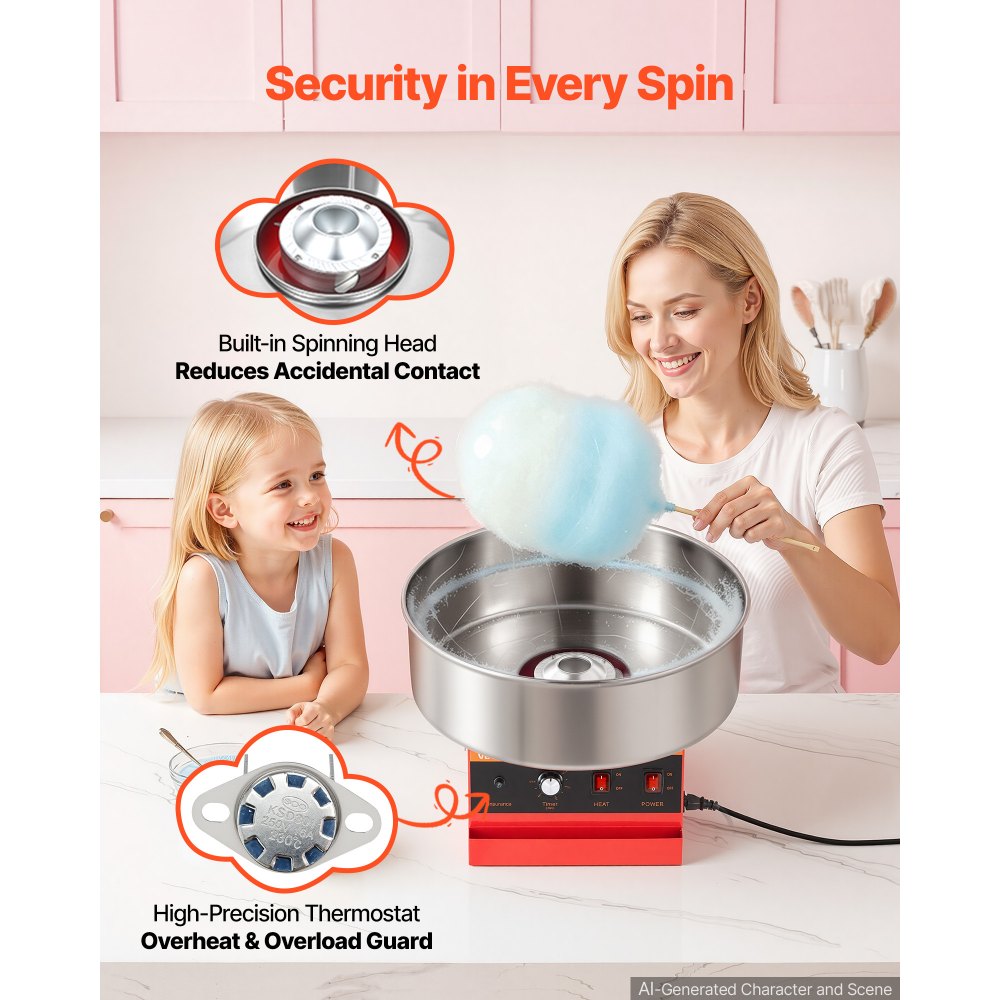 VEVOR Cotton Candy Machine Commercial 1000W Electric Candy Floss Maker Red, Ideal for Home, Carnival, Birthday, Family Party, Easy Use with 20.5 in Stainless Steel Bowl, Storage Tray and Sugar Scoop