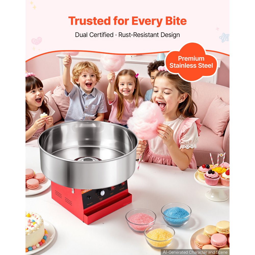 VEVOR Cotton Candy Machine Commercial 1000W Electric Candy Floss Maker Red, Ideal for Home, Carnival, Birthday, Family Party, Easy Use with 20.5 in Stainless Steel Bowl, Storage Tray and Sugar Scoop