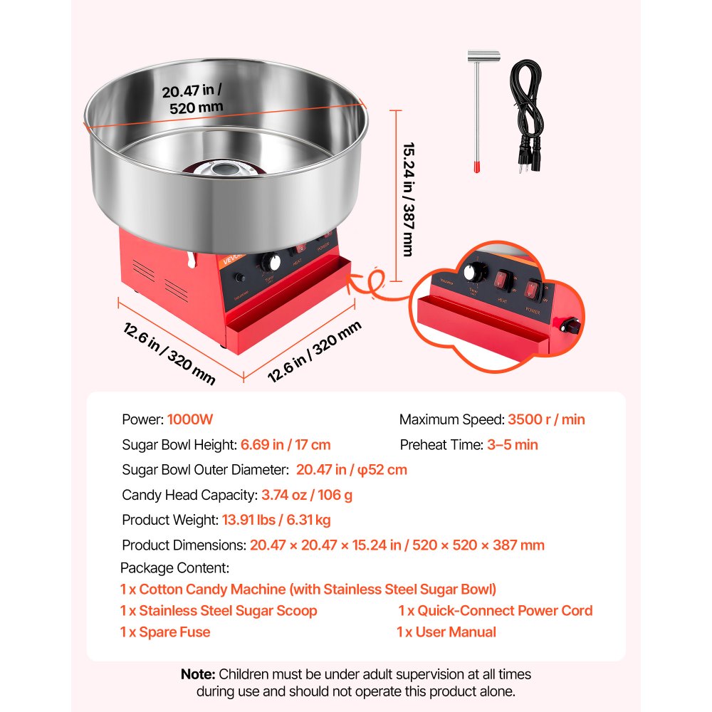 VEVOR Cotton Candy Machine Commercial 1000W Electric Candy Floss Maker Red, Ideal for Home, Carnival, Birthday, Family Party, Easy Use with 20.5 in Stainless Steel Bowl, Storage Tray and Sugar Scoop