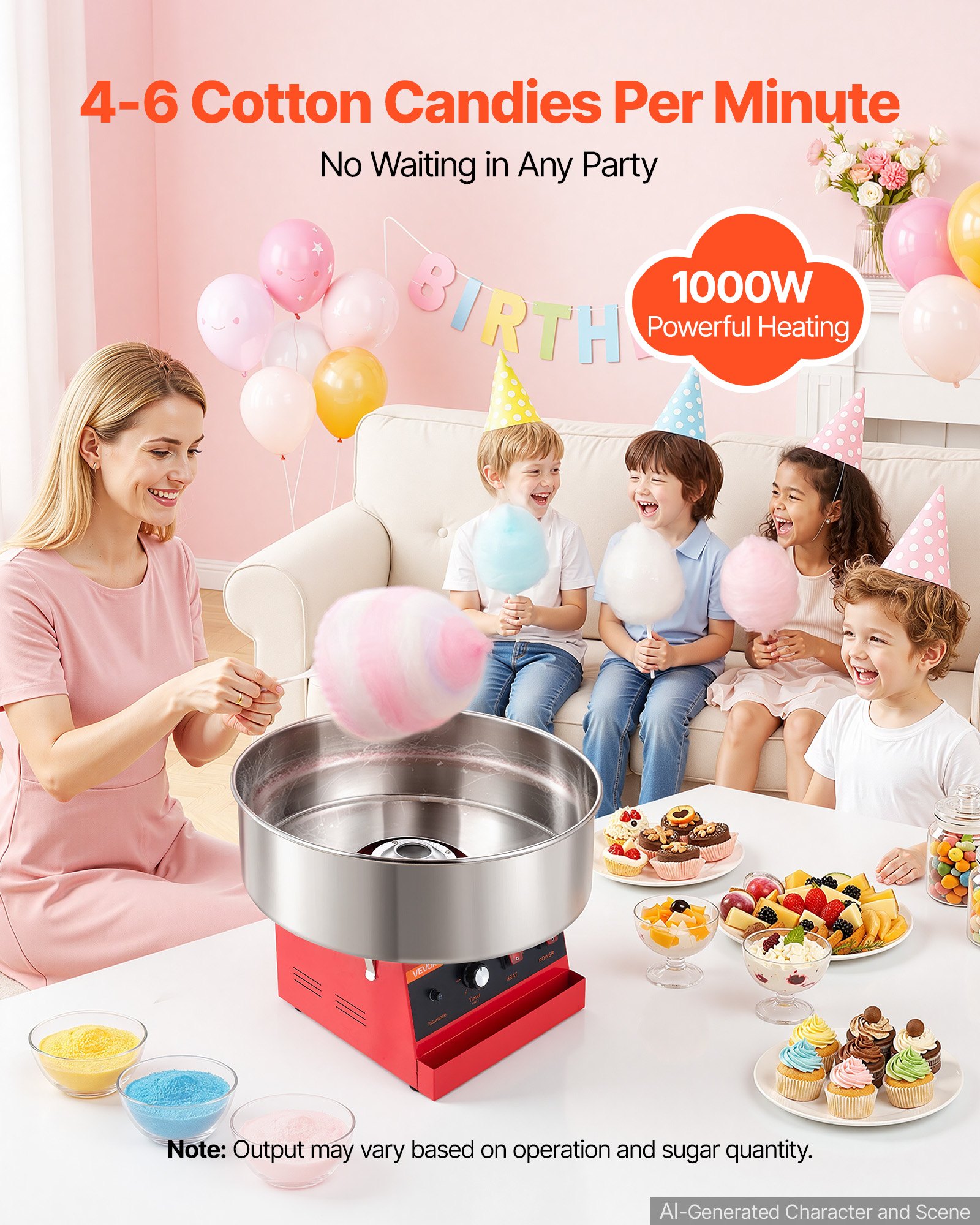 VEVOR Cotton Candy Machine Commercial 1000W Electric Candy Floss Maker Red, Ideal for Home, Carnival, Birthday, Family Party, Easy Use with 20.5 in Stainless Steel Bowl, Storage Tray and Sugar Scoop