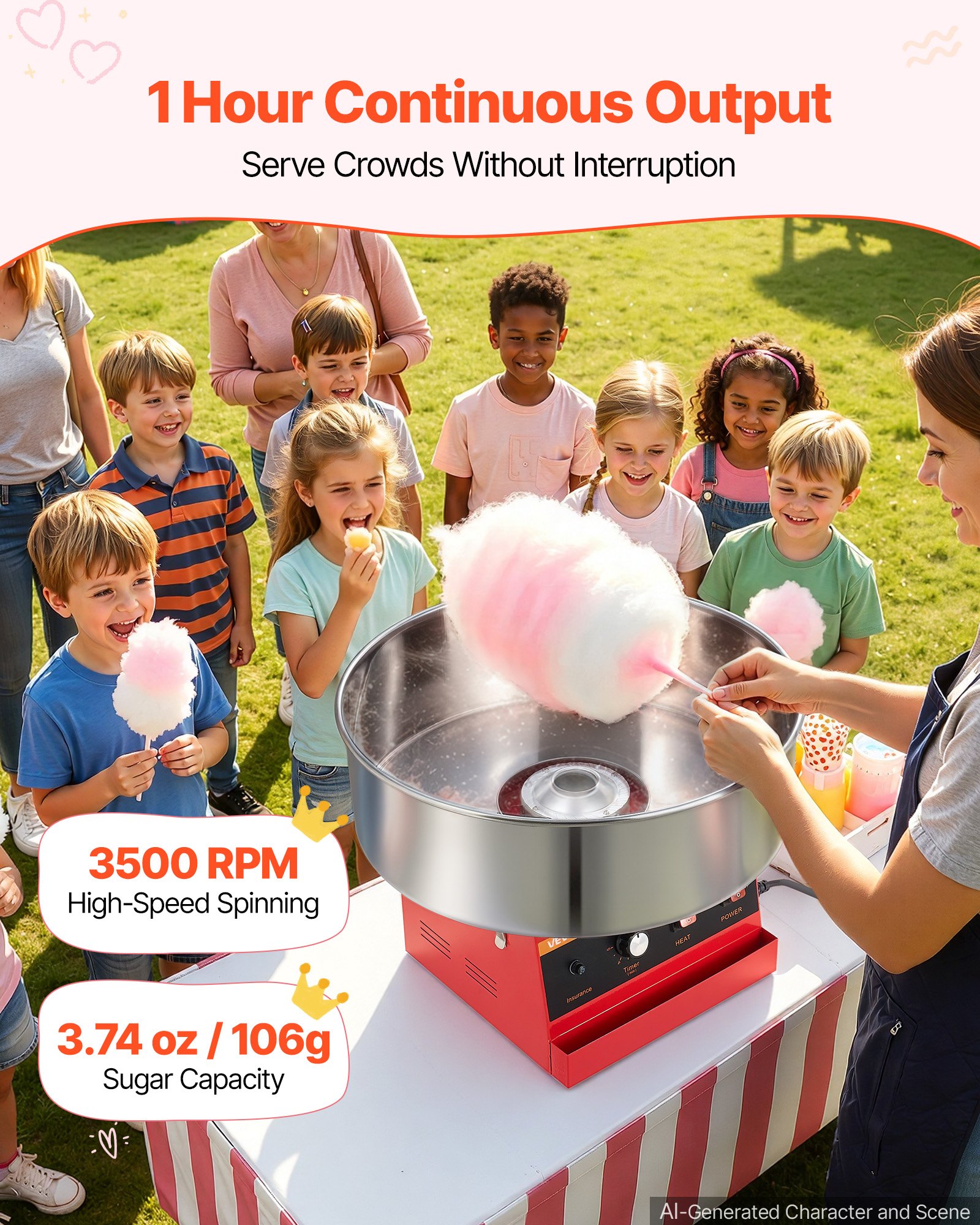 VEVOR Cotton Candy Machine Commercial 1000W Electric Candy Floss Maker Red, Ideal for Home, Carnival, Birthday, Family Party, Easy Use with 20.5 in Stainless Steel Bowl, Storage Tray and Sugar Scoop