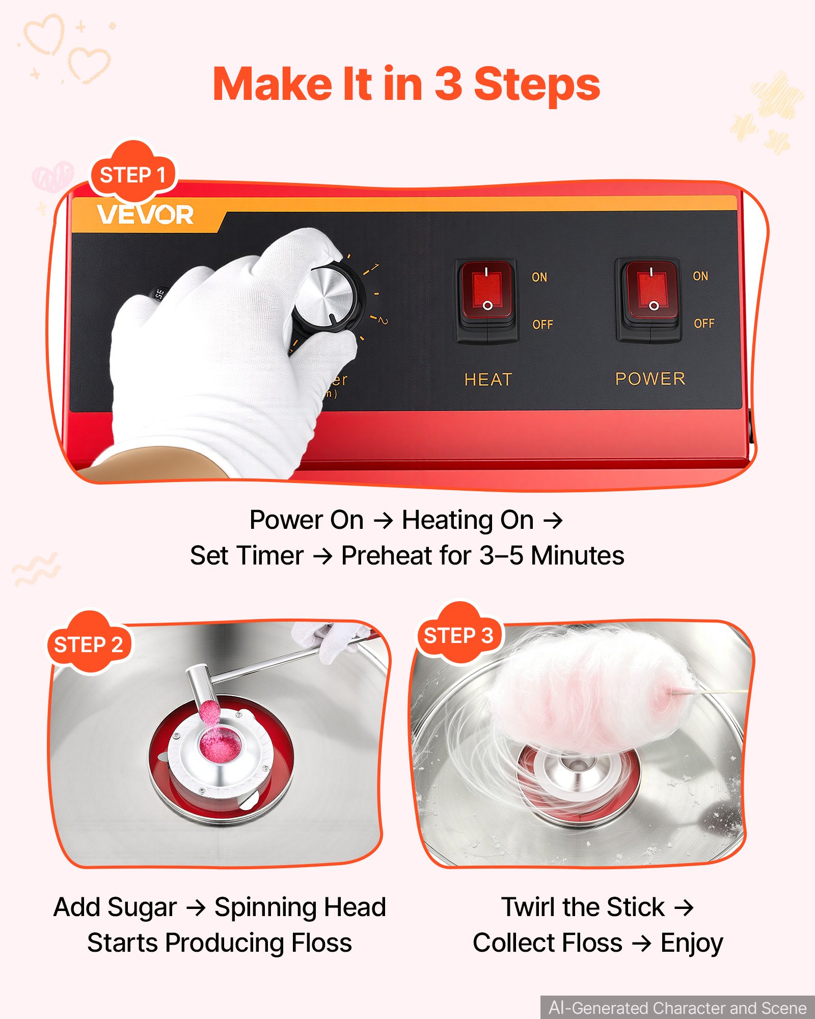 VEVOR Cotton Candy Machine Commercial 1000W Electric Candy Floss Maker Red, Ideal for Home, Carnival, Birthday, Family Party, Easy Use with 20.5 in Stainless Steel Bowl, Storage Tray and Sugar Scoop