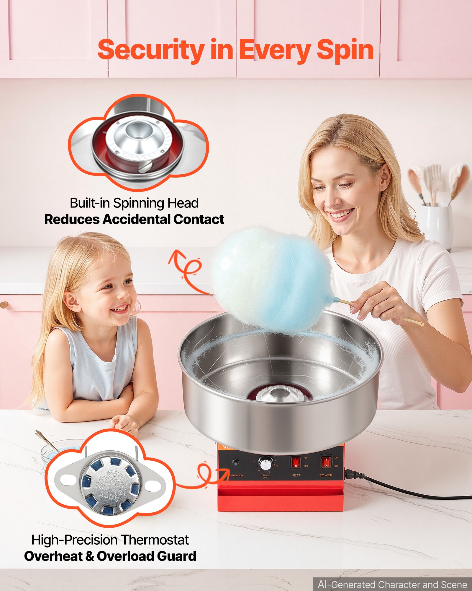 VEVOR Cotton Candy Machine Commercial 1000W Electric Candy Floss Maker Red, Ideal for Home, Carnival, Birthday, Family Party, Easy Use with 20.5 in Stainless Steel Bowl, Storage Tray and Sugar Scoop