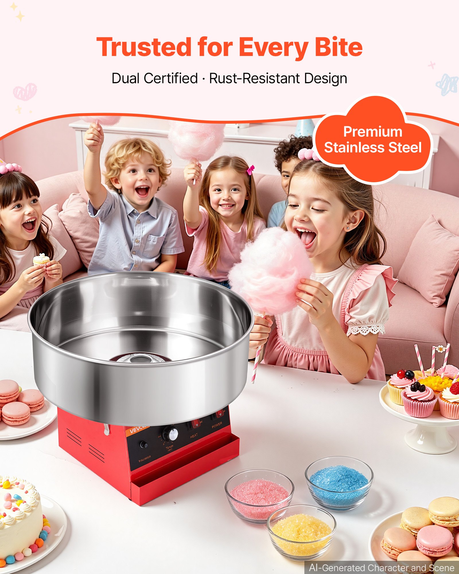 VEVOR Cotton Candy Machine Commercial 1000W Electric Candy Floss Maker Red, Ideal for Home, Carnival, Birthday, Family Party, Easy Use with 20.5 in Stainless Steel Bowl, Storage Tray and Sugar Scoop