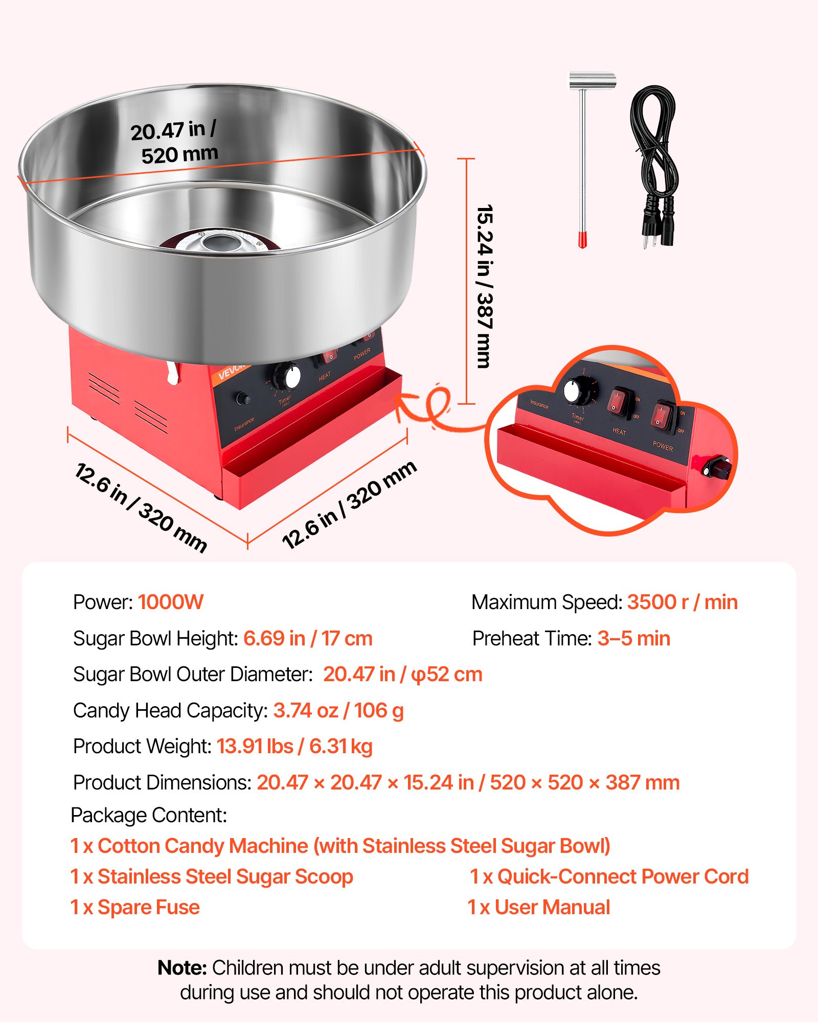 VEVOR Cotton Candy Machine Commercial 1000W Electric Candy Floss Maker Red, Ideal for Home, Carnival, Birthday, Family Party, Easy Use with 20.5 in Stainless Steel Bowl, Storage Tray and Sugar Scoop