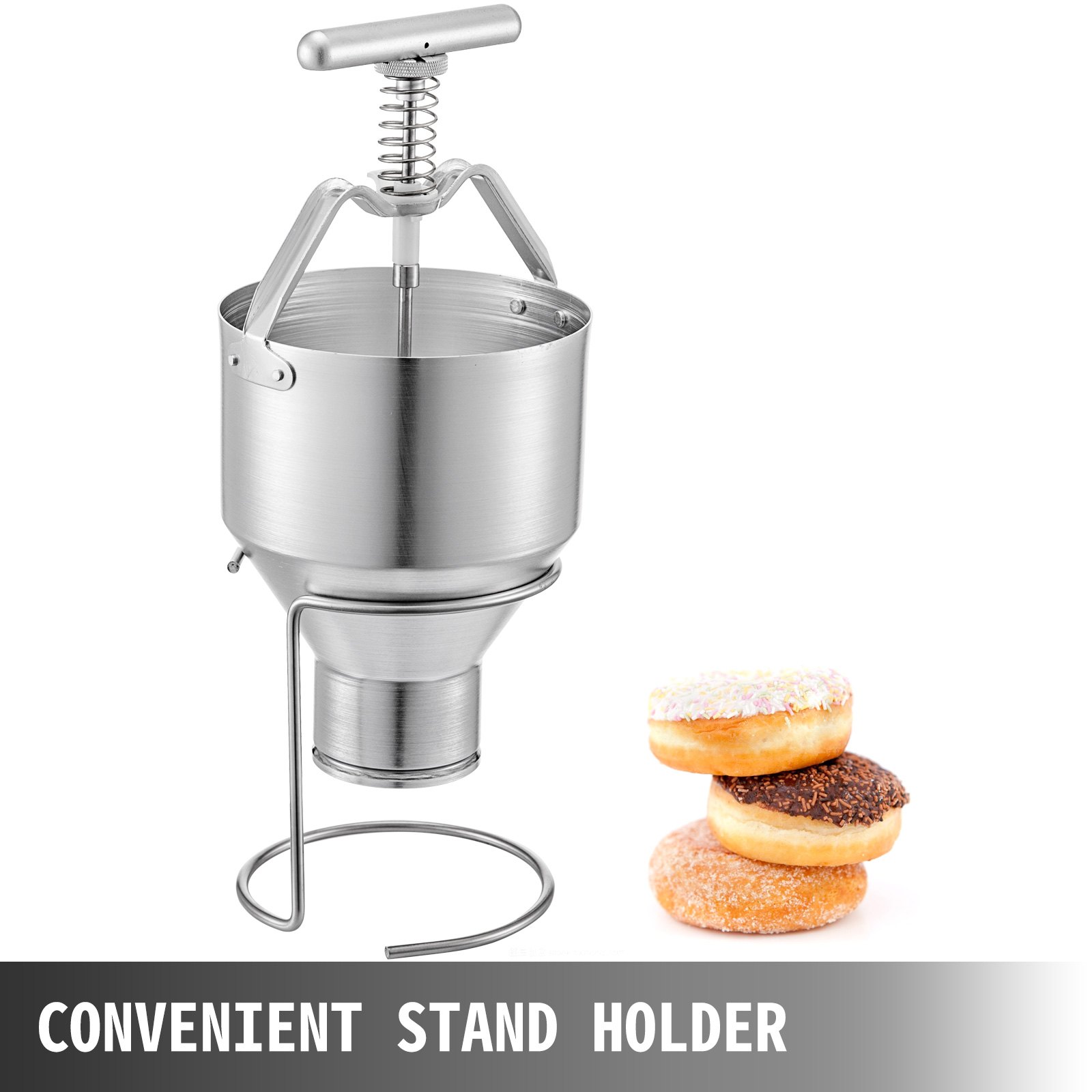 VEVOR donut depositor with stand holder, and three donuts stacked nearby.