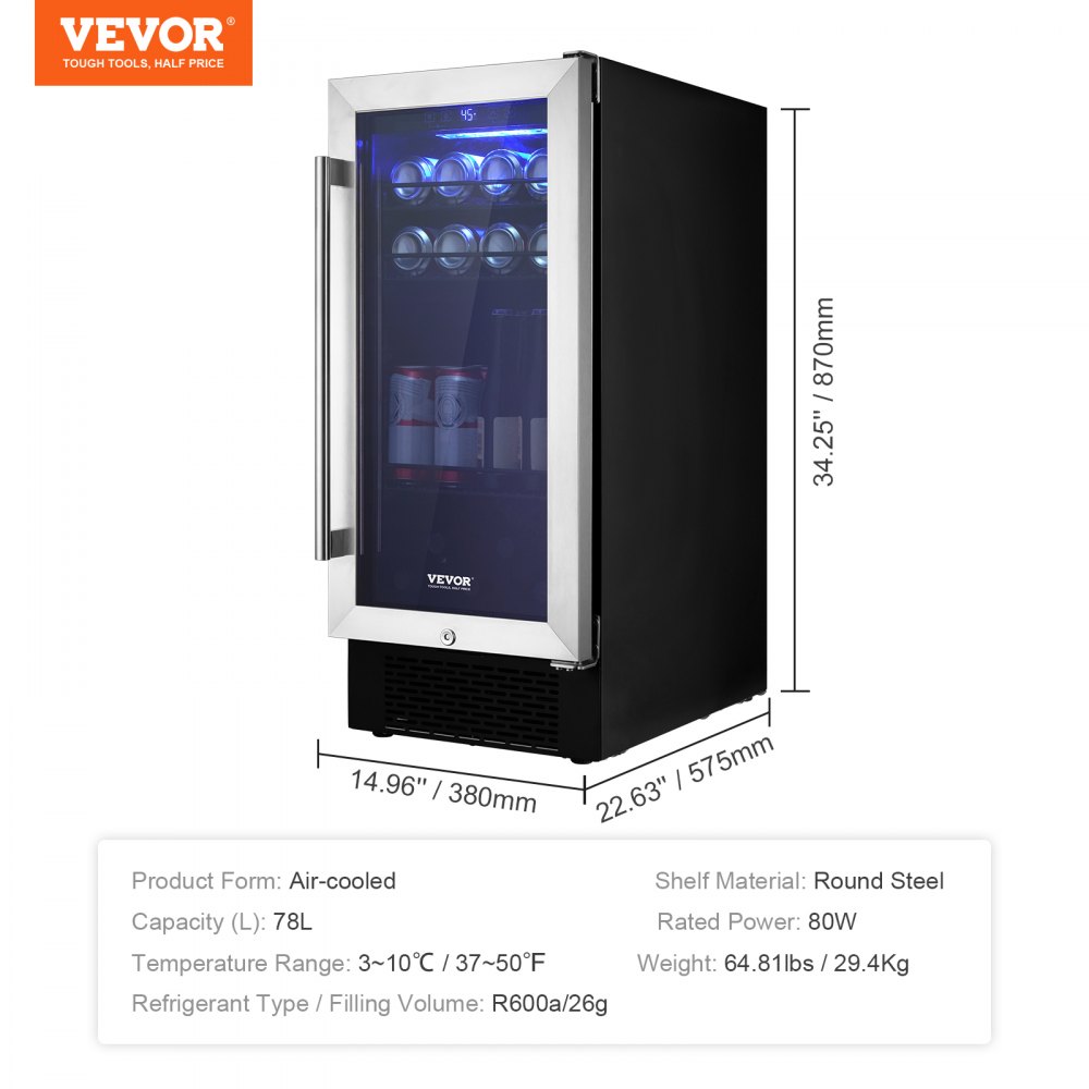 VEVOR Wine Cooler, 96 Cans Capacity Under Counter Built-in or Freestanding Wine Refrigerator, Beverage Cooler with Blue LED Light, Single Door, Child Lock for Drink Beer Soda Wine Water, ETL Listed
