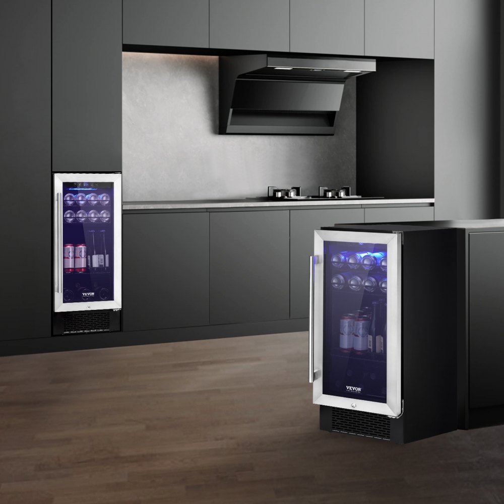 VEVOR Wine Cooler, 96 Cans Capacity Under Counter Built-in or Freestanding Wine Refrigerator, Beverage Cooler with Blue LED Light, Single Door, Child Lock for Drink Beer Soda Wine Water, ETL Listed