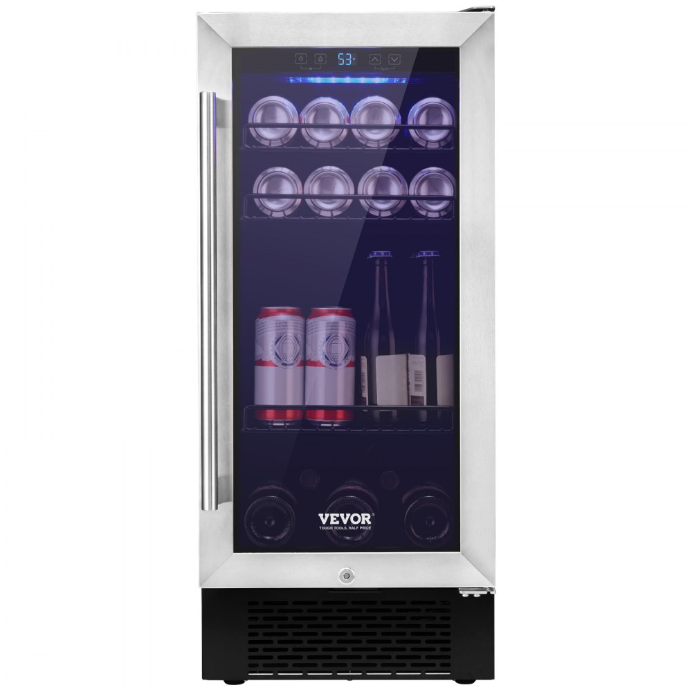 VEVOR Wine Cooler, 96 Cans Capacity Under Counter Built-in or Freestanding Wine Refrigerator, Beverage Cooler with Blue LED Light, Single Door, Child Lock for Drink Beer Soda Wine Water, ETL Listed