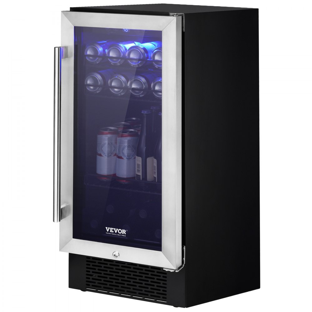 VEVOR Wine Cooler, 96 Cans Capacity Under Counter Built-in or Freestanding Wine Refrigerator, Beverage Cooler with Blue LED Light, Single Door, Child Lock for Drink Beer Soda Wine Water, ETL Listed