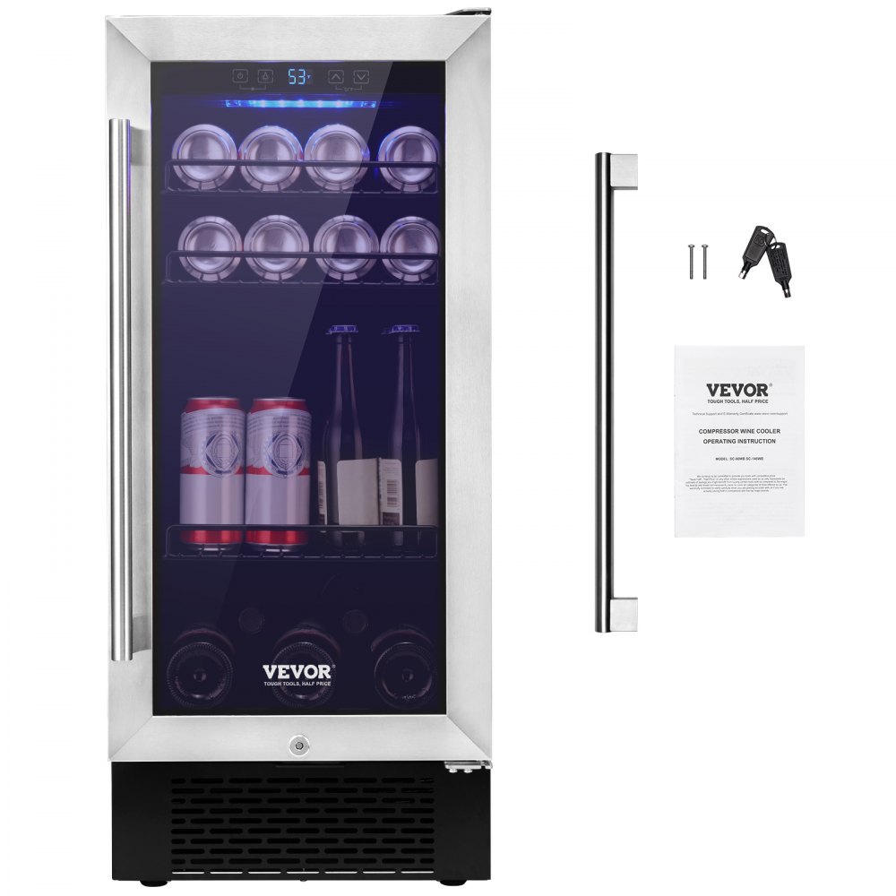 VEVOR Wine Cooler, 96 Cans Capacity Under Counter Built-in or Freestanding Wine Refrigerator, Beverage Cooler with Blue LED Light, Single Door, Child Lock for Drink Beer Soda Wine Water, ETL Listed