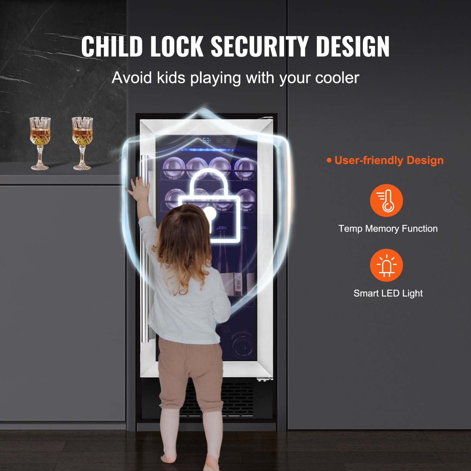 VEVOR Wine Cooler, 96 Cans Capacity Under Counter Built-in or Freestanding Wine Refrigerator, Beverage Cooler with Blue LED Light, Single Door, Child Lock for Drink Beer Soda Wine Water, ETL Listed