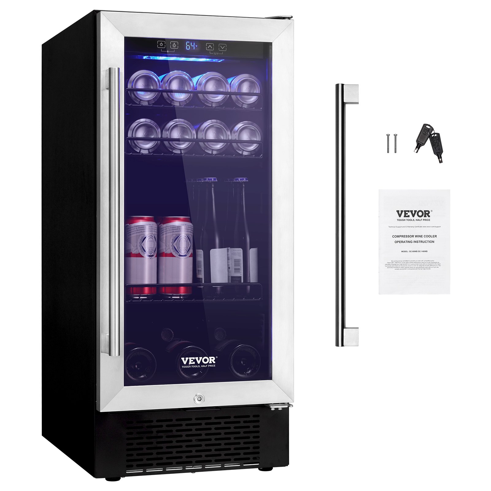 VEVOR Wine Cooler, 96 Cans Capacity Under Counter Built-in or Freestanding Wine Refrigerator, Beverage Cooler with Blue LED Light, Single Door, Child Lock for Drink Beer Soda Wine Water, ETL Listed