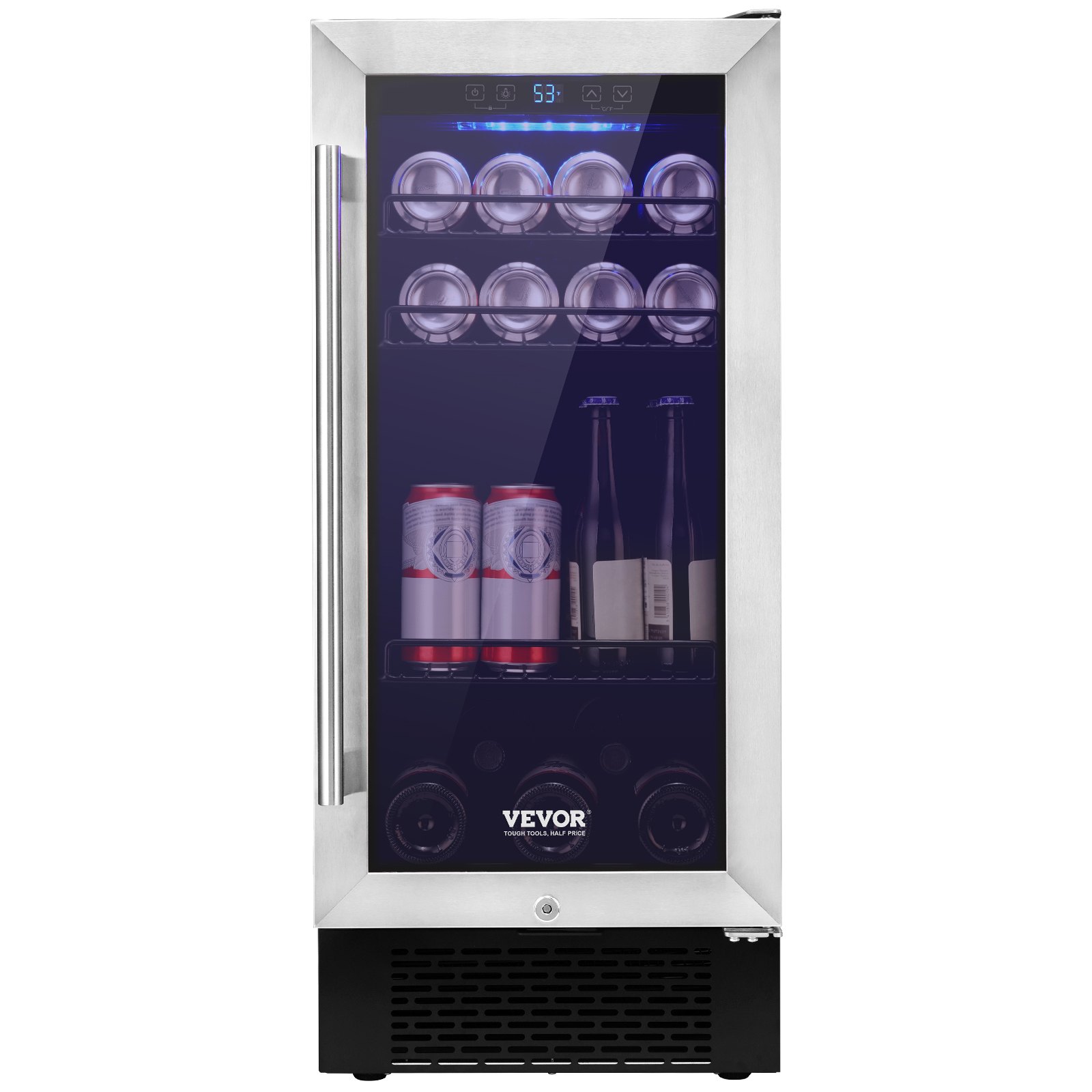 VEVOR Wine Cooler, 96 Cans Capacity Under Counter Built-in or Freestanding Wine Refrigerator, Beverage Cooler with Blue LED Light, Single Door, Child Lock for Drink Beer Soda Wine Water, ETL Listed