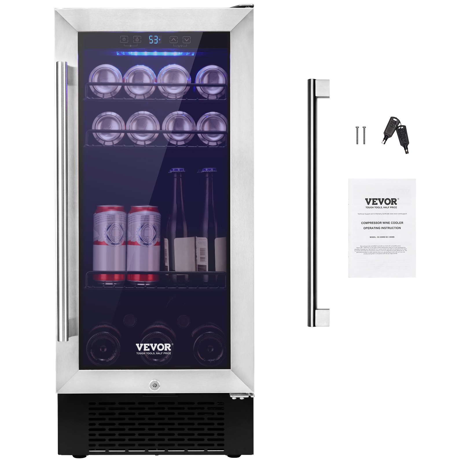 VEVOR Wine Cooler, 96 Cans Capacity Under Counter Built-in or Freestanding Wine Refrigerator, Beverage Cooler with Blue LED Light, Single Door, Child Lock for Drink Beer Soda Wine Water, ETL Listed