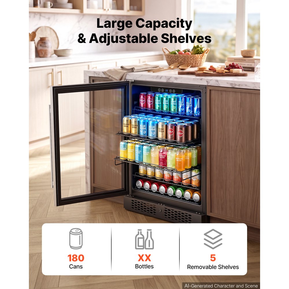 VEVOR 24 inch Wine Fridge 180 Can Beverage Cooler Refrigerator for Home Bar, Under Counter Built-in or Freestanding Compressor Refrigerator, with Lock, 38℉-50℉ Temp Control, Glass Door, LED lighting