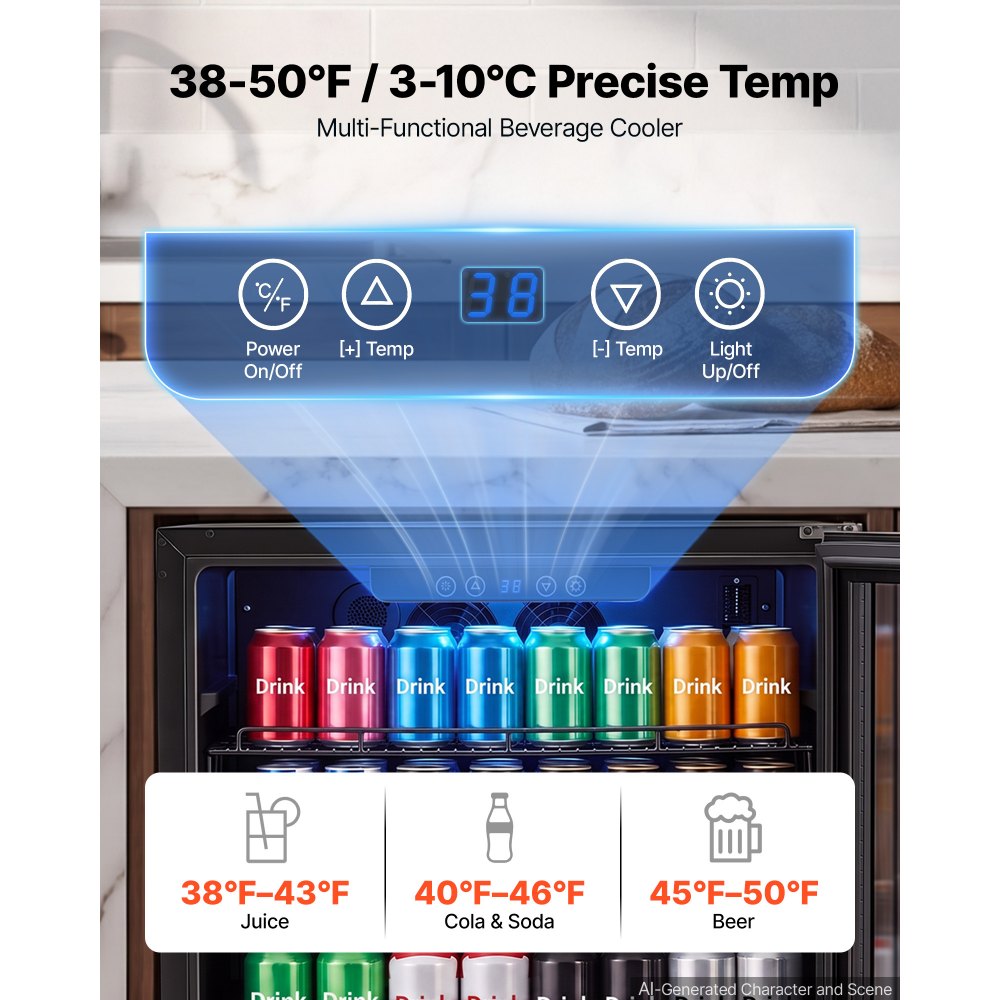 VEVOR 24 inch Wine Fridge 180 Can Beverage Cooler Refrigerator for Home Bar, Under Counter Built-in or Freestanding Compressor Refrigerator, with Lock, 38℉-50℉ Temp Control, Glass Door, LED lighting