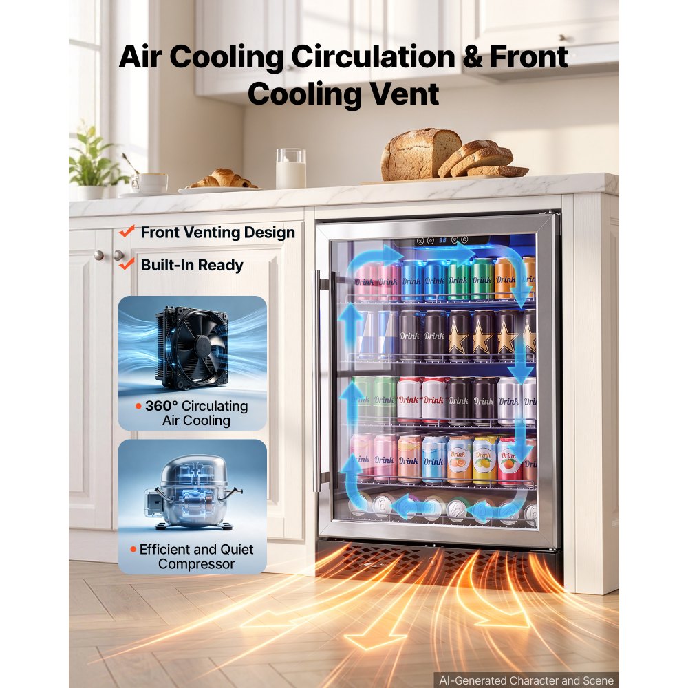 VEVOR 24 inch Wine Fridge 180 Can Beverage Cooler Refrigerator for Home Bar, Under Counter Built-in or Freestanding Compressor Refrigerator, with Lock, 38℉-50℉ Temp Control, Glass Door, LED lighting