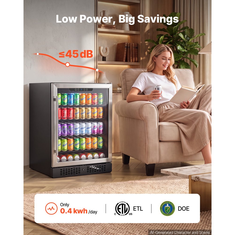 VEVOR 24 inch Wine Fridge 180 Can Beverage Cooler Refrigerator for Home Bar, Under Counter Built-in or Freestanding Compressor Refrigerator, with Lock, 38℉-50℉ Temp Control, Glass Door, LED lighting