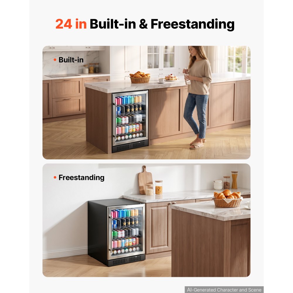 VEVOR 24 inch Wine Fridge 180 Can Beverage Cooler Refrigerator for Home Bar, Under Counter Built-in or Freestanding Compressor Refrigerator, with Lock, 38℉-50℉ Temp Control, Glass Door, LED lighting