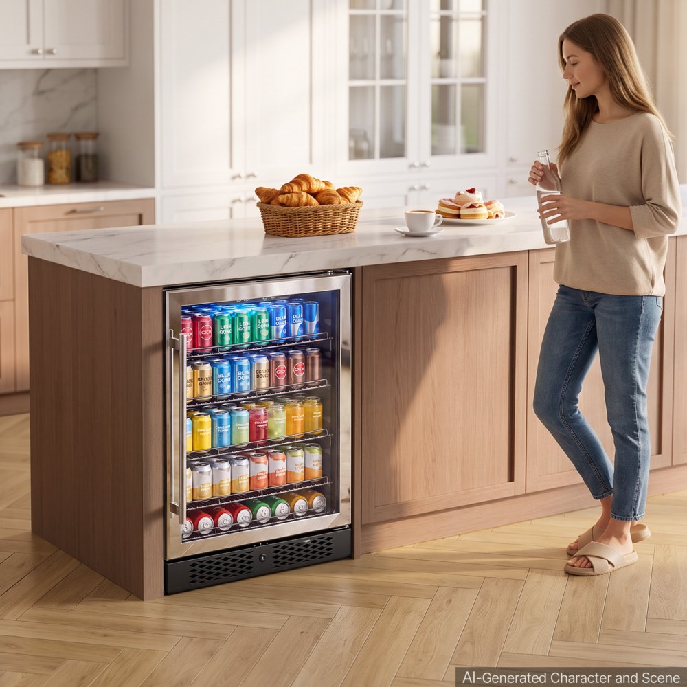 VEVOR 24 inch Wine Fridge 180 Can Beverage Cooler Refrigerator for Home Bar, Under Counter Built-in or Freestanding Compressor Refrigerator, with Lock, 38℉-50℉ Temp Control, Glass Door, LED lighting