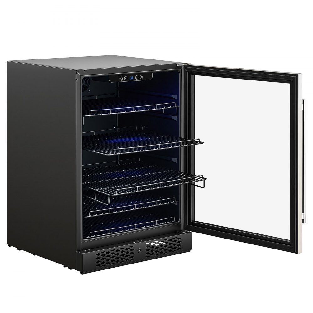 VEVOR 24 inch Wine Fridge 180 Can Beverage Cooler Refrigerator for Home Bar, Under Counter Built-in or Freestanding Compressor Refrigerator, with Lock, 38℉-50℉ Temp Control, Glass Door, LED lighting