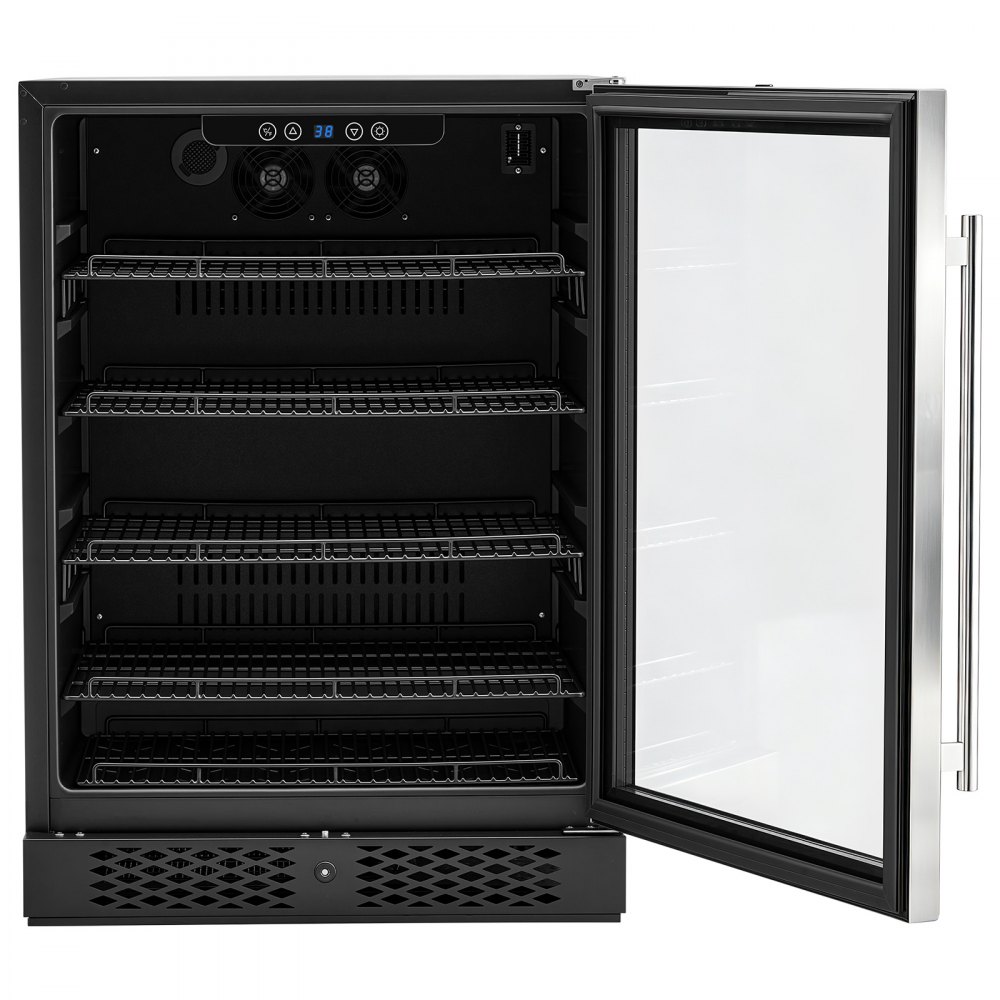 VEVOR 24 inch Wine Fridge 180 Can Beverage Cooler Refrigerator for Home Bar, Under Counter Built-in or Freestanding Compressor Refrigerator, with Lock, 38℉-50℉ Temp Control, Glass Door, LED lighting