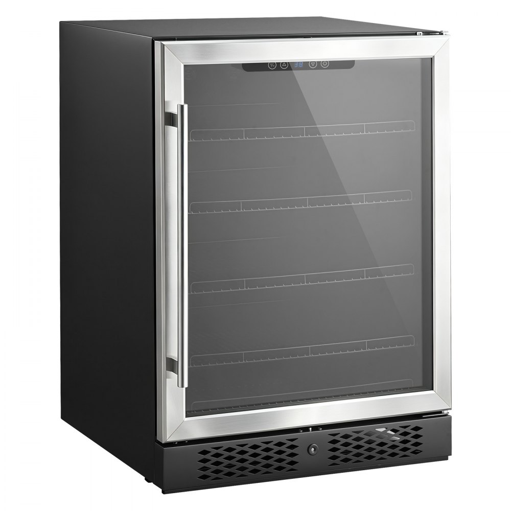 VEVOR 24 inch Wine Fridge 180 Can Beverage Cooler Refrigerator for Home Bar, Under Counter Built-in or Freestanding Compressor Refrigerator, with Lock, 38℉-50℉ Temp Control, Glass Door, LED lighting