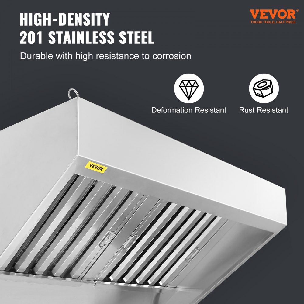 VEVOR Commercial Exhaust Hood, 1.5 m Food Truck Hood Exhaust, 201 Stainless Steel Concession Trailer Hood with 2 Detachable U-shaped Grid Oil Filter Mesh, Rust Resistant Vent Hood for Kitchen Restaurant