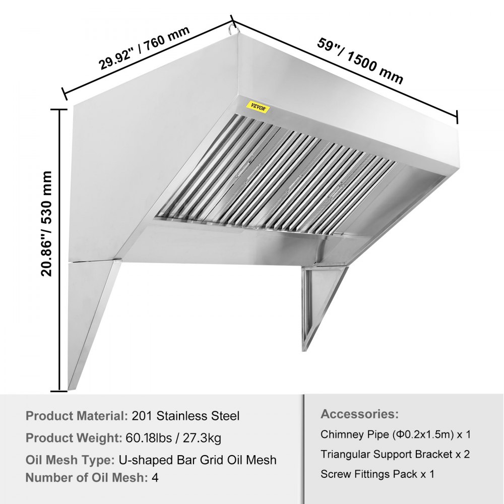 VEVOR Commercial Exhaust Hood, 1.5 m Food Truck Hood Exhaust, 201 Stainless Steel Concession Trailer Hood with 2 Detachable U-shaped Grid Oil Filter Mesh, Rust Resistant Vent Hood for Kitchen Restaurant
