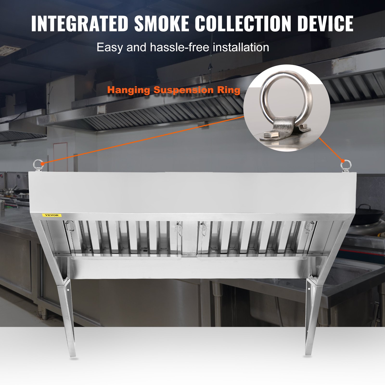 VEVOR Commercial Exhaust Hood, 1.5 m Food Truck Hood Exhaust, 201 Stainless Steel Concession Trailer Hood with 2 Detachable U-shaped Grid Oil Filter Mesh, Rust Resistant Vent Hood for Kitchen Restaurant