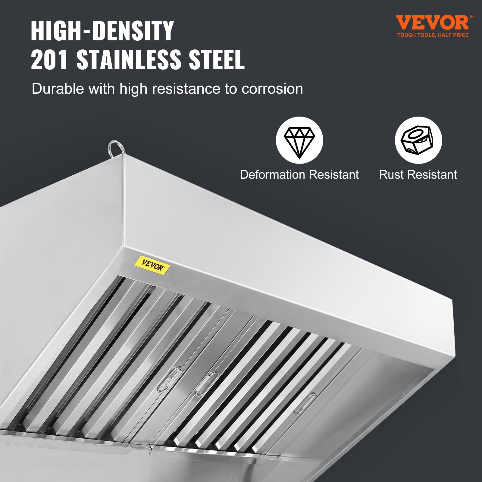 VEVOR Commercial Exhaust Hood, 1.5 m Food Truck Hood Exhaust, 201 Stainless Steel Concession Trailer Hood with 2 Detachable U-shaped Grid Oil Filter Mesh, Rust Resistant Vent Hood for Kitchen Restaurant