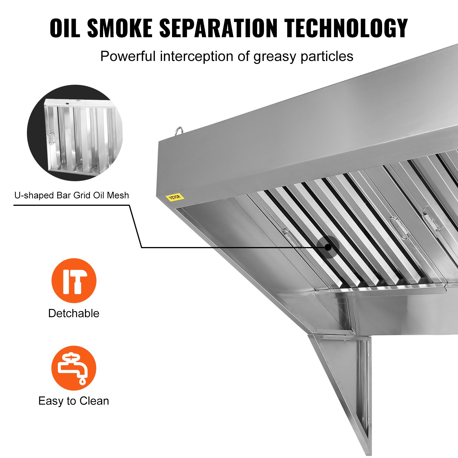 VEVOR Commercial Exhaust Hood, 6FT Food Truck Hood Exhaust, 201 Stainless Steel Concession Trailer Hood with 3 Detachable U-shaped Grid Oil Filter Mesh, Rust Resistant Vent Hood for Kitchen Restaurant