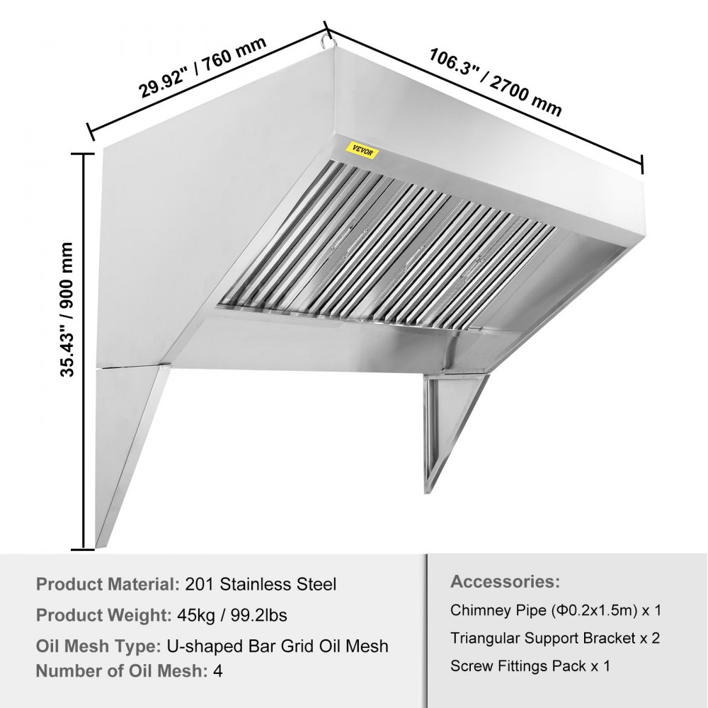 VEVOR Commercial Exhaust Hood, 9FT Food Truck Hood Exhaust, 201 Stainless Steel Concession Trailer Hood with 4 Detachable U-shaped Grid Oil Filter Mesh, Rust Resistant Vent Hood for Kitchen Restaurant