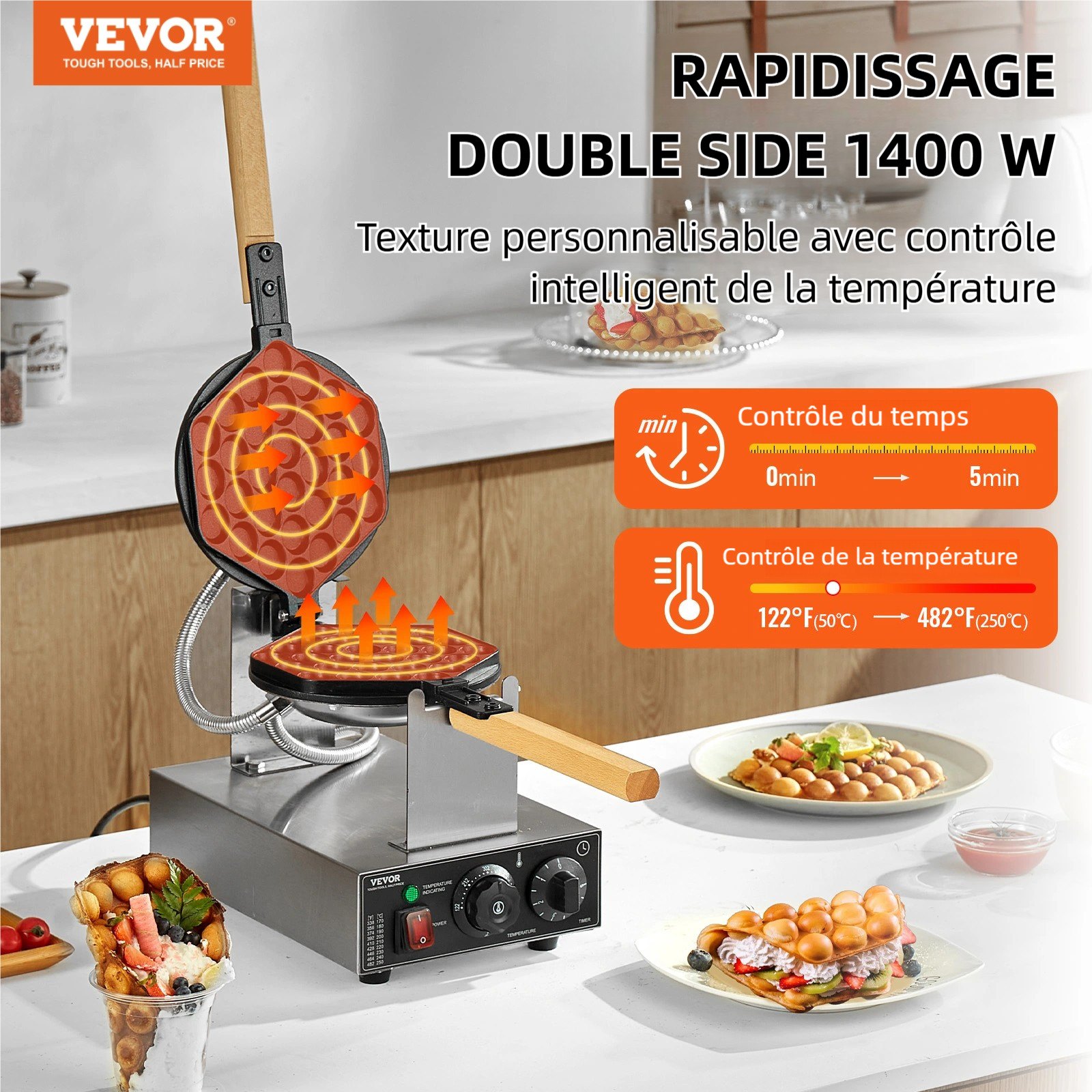 VEVOR Commercial Bubble Waffle Maker, 1400W Egg Pancake Baker Machine, Non-Stick Stainless Steel Egg Bubble Puff, 180° Rotatable, Temp and Time Control, Wooden Handle, for Restaurant Bakery Snack Bar