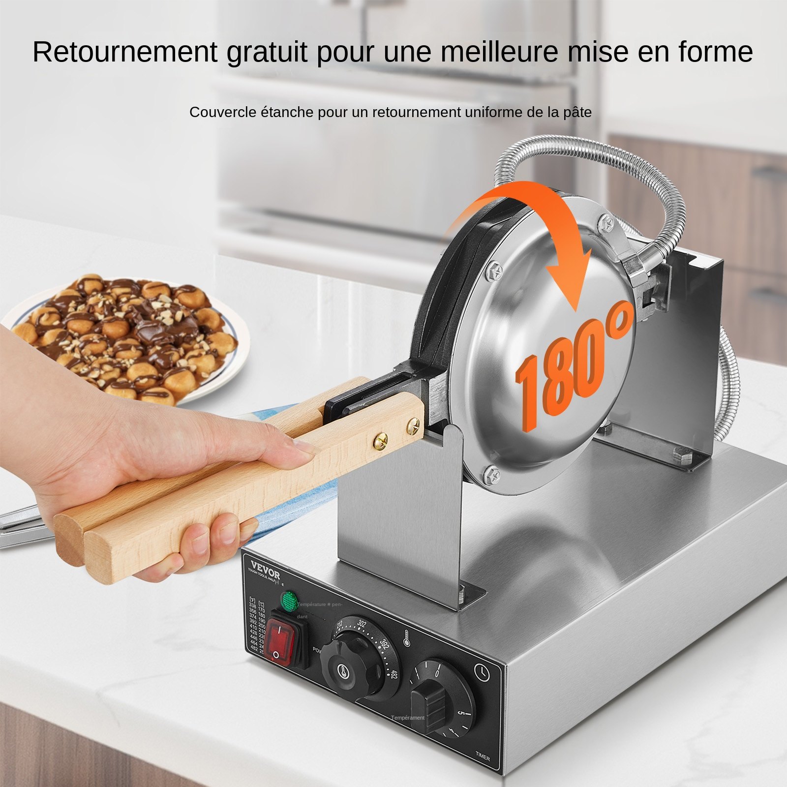 VEVOR Commercial Bubble Waffle Maker, 1400W Egg Pancake Baker Machine, Non-Stick Stainless Steel Egg Bubble Puff, 180° Rotatable, Temp and Time Control, Wooden Handle, for Restaurant Bakery Snack Bar