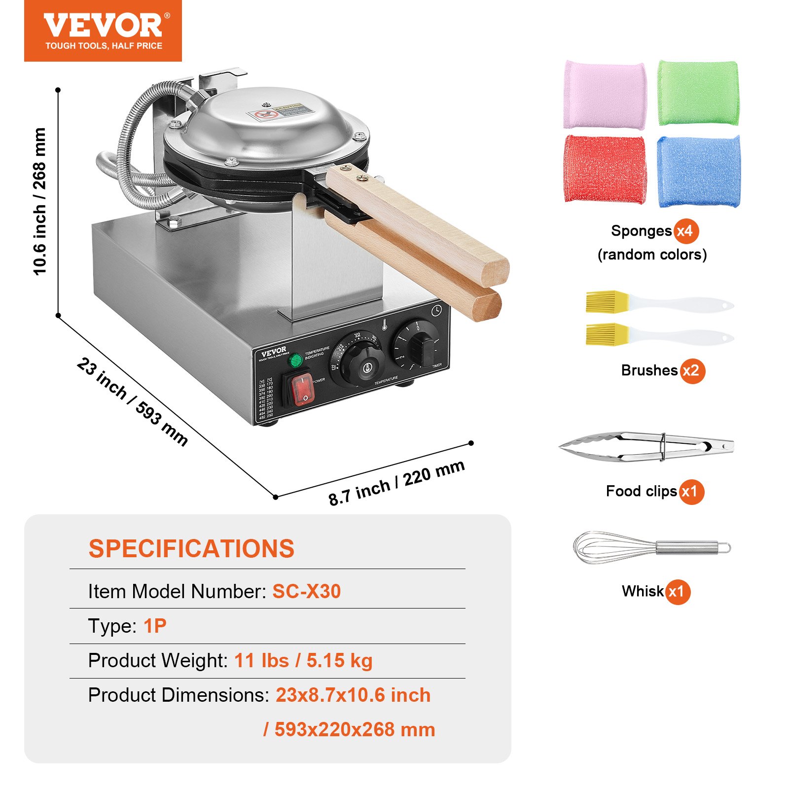 VEVOR Commercial Bubble Waffle Maker, 1400W Egg Pancake Baker Machine, Non-Stick Stainless Steel Egg Bubble Puff, 180° Rotatable, Temp and Time Control, Wooden Handle, for Restaurant Bakery Snack Bar