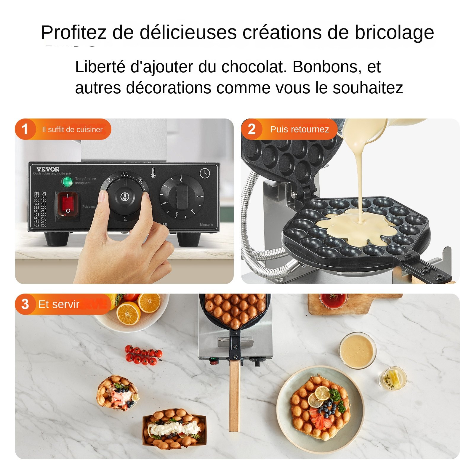 VEVOR Commercial Bubble Waffle Maker, 1400W Egg Pancake Baker Machine, Non-Stick Stainless Steel Egg Bubble Puff, 180° Rotatable, Temp and Time Control, Wooden Handle, for Restaurant Bakery Snack Bar