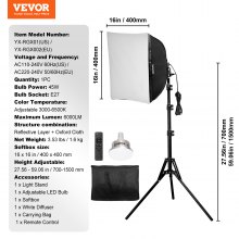 VEVOR Softbox Lighting Kit 16 in x 16 in 3000-6500K Adjustable for Shooting